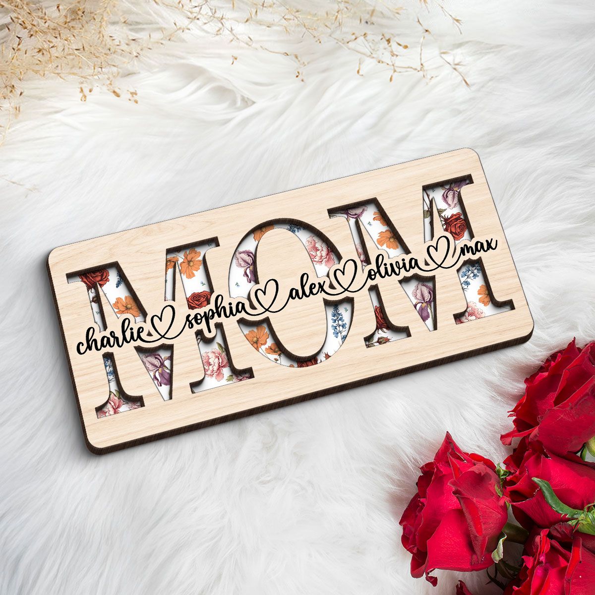 Custom Flower Printed Personalized 2-Layered Wooden Plaque, Mother's Day, Birthday, Just Because Gift for Mom, Grandma