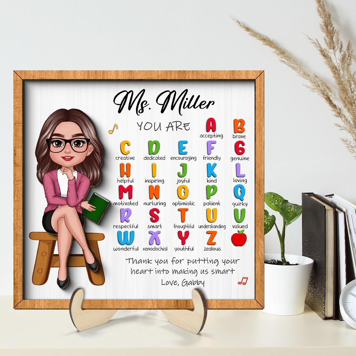 Teacher Appreciation Gift Thank You Alphabet Characteristics Teacher Sitting Personalized 2-Layer Wooden Plaque