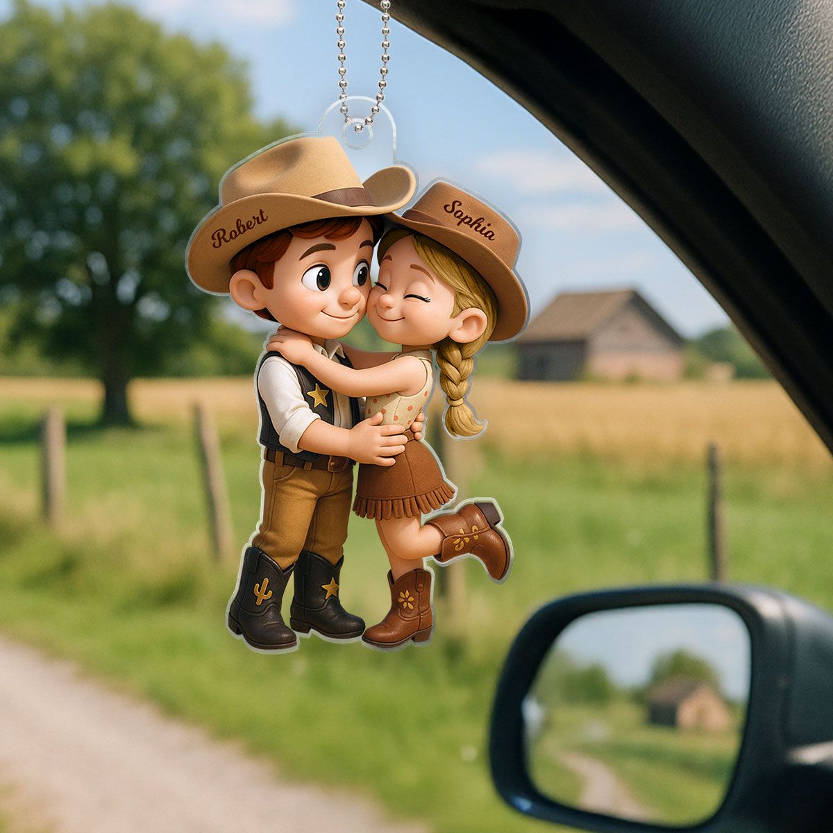 Cartoon Style Countryside Couple Cowboy Cowgirl Car Accessories Personalized Car Hanger Ornament
