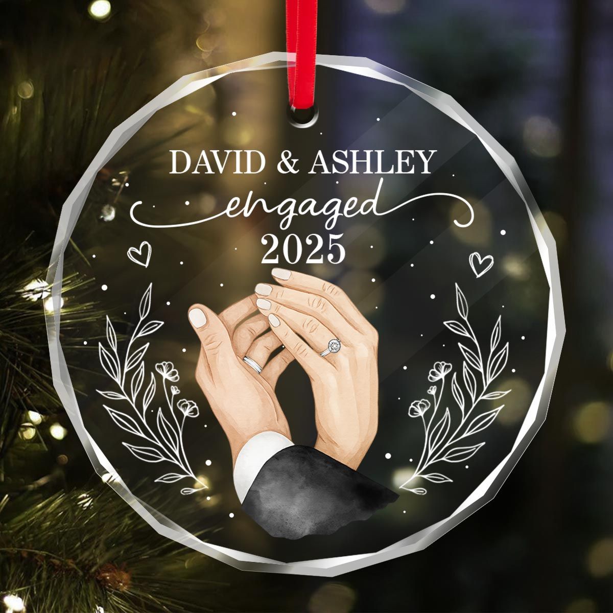 Couple Hands Forever Love First Christmas Engaged Personalized Glass Ornament, Gift For Newly Engaged Couple