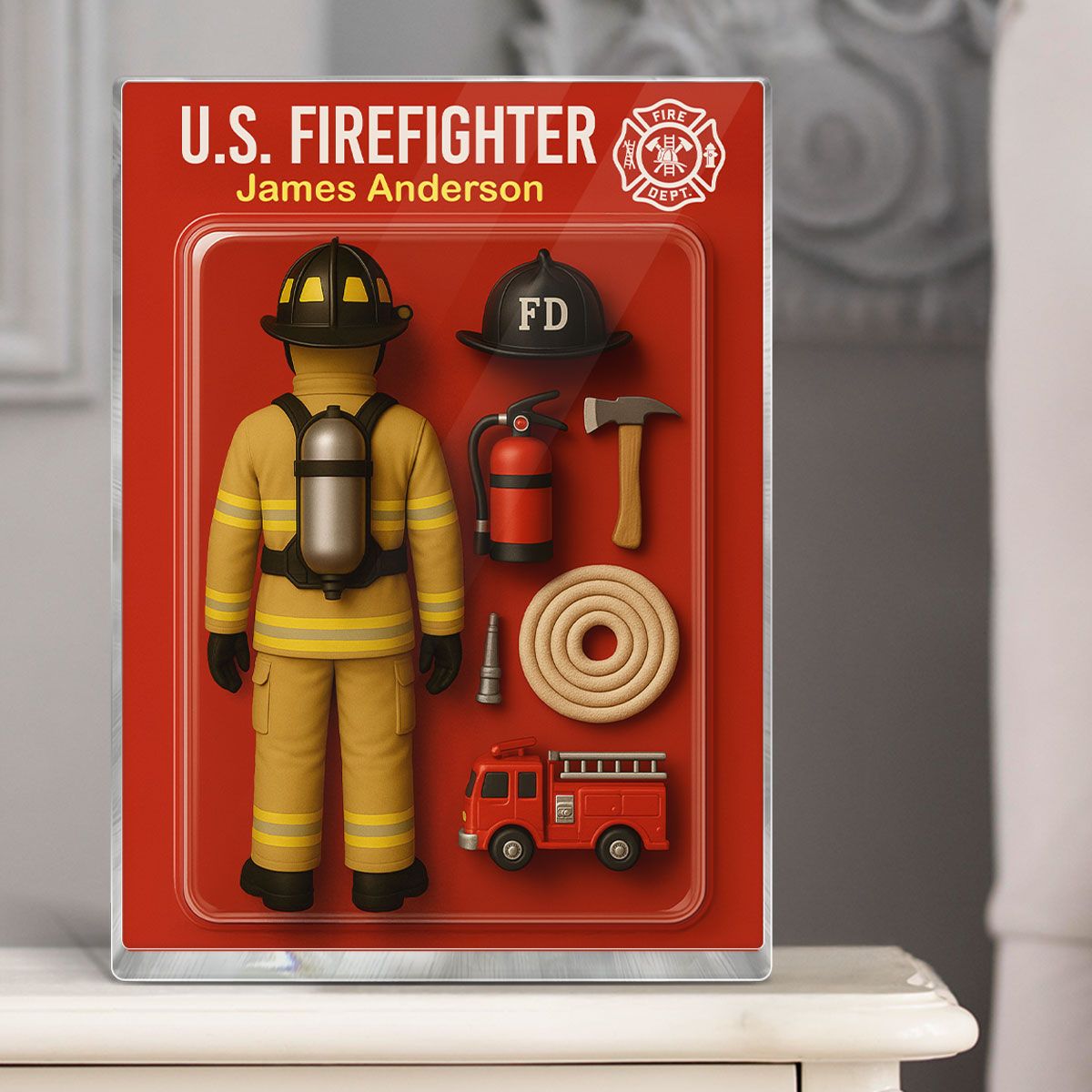 Back View Firefighter Action Figure Pack Packaging Personalized Rectangle Acrylic Block