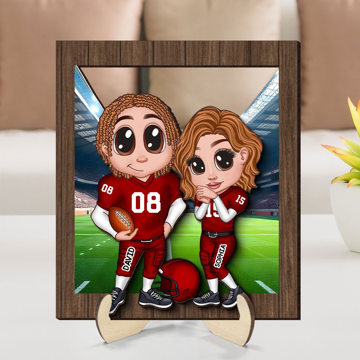 American Football Couple Y2K Style At Field Personalized 2-Layer Wooden Plaque, Valentine's Day Gift for Couples