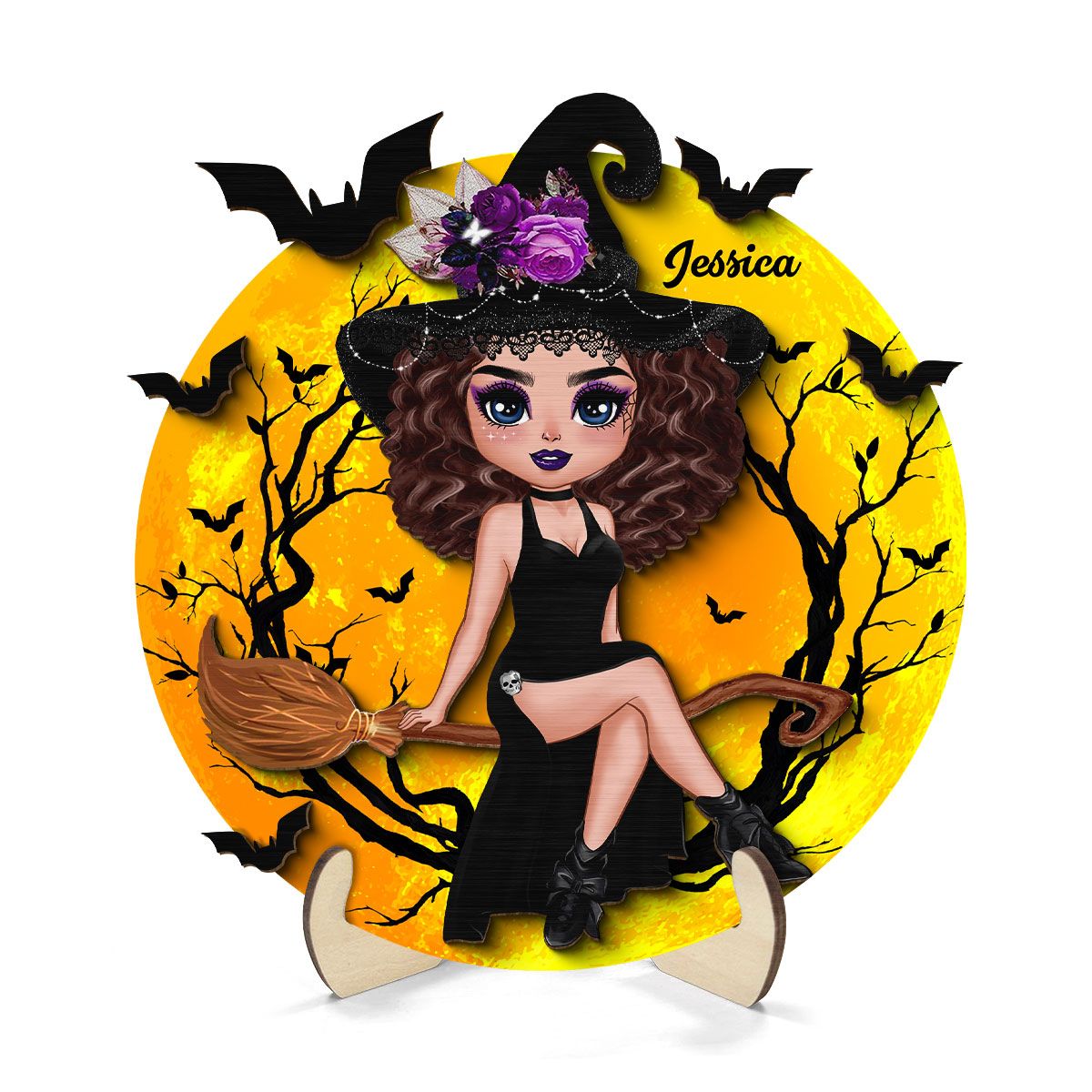 Halloween Sitting On Broom Personalized 2-Layer Wooden Plaque, Halloween Decoration