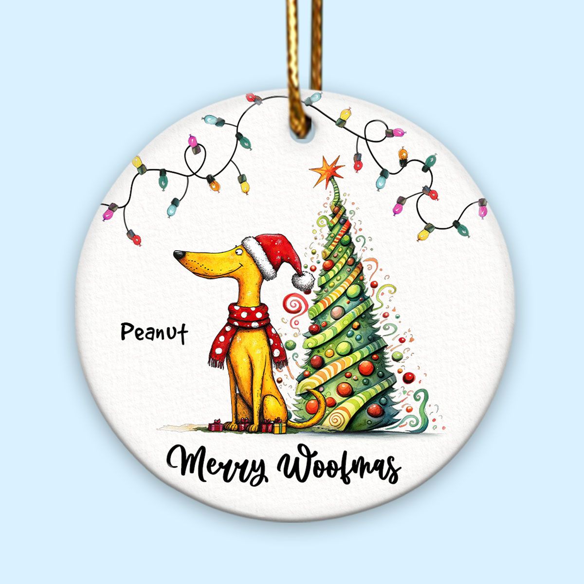 Quirky Christmas Dog Whimsical Funny Silly Pups Puppy Personalized Circle Ceramic Ornament