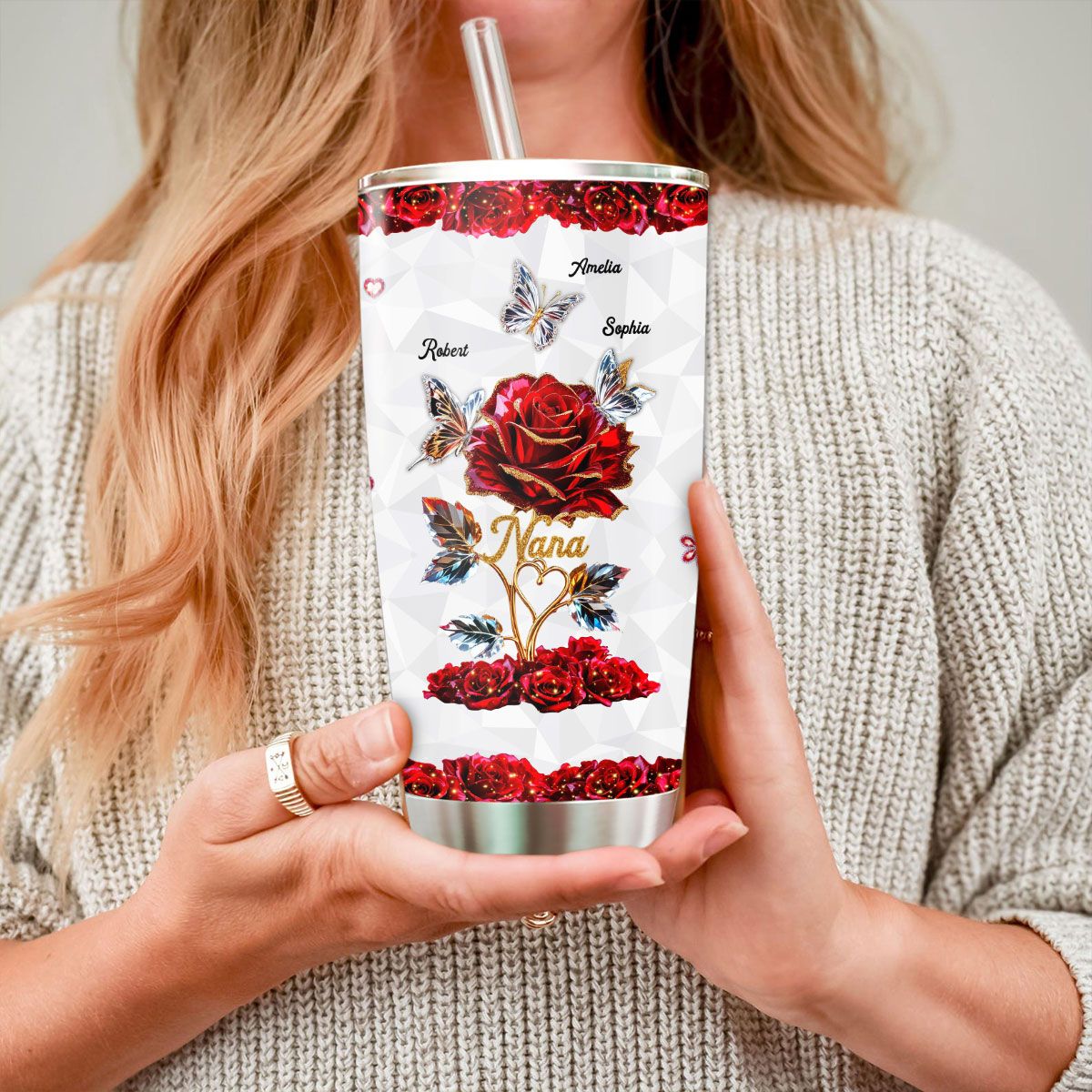 Beautiful Rose & Butterflies Gift For Grandma Mom 3D Effect Personalized Tumbler
