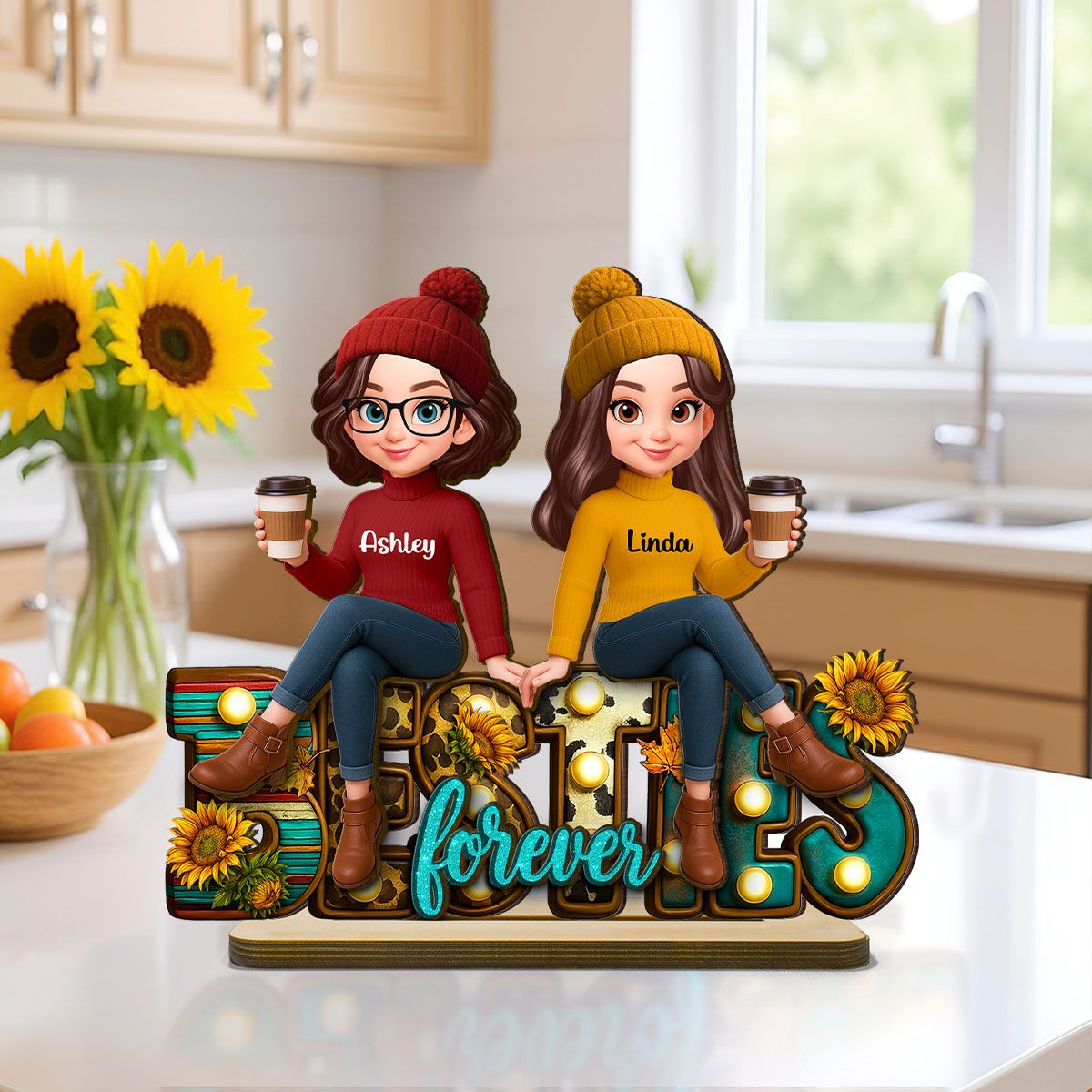 Western Fall Vibe Besties Sitting Personalized Standing Wooden Plaque, Fall Gift for Best Friends