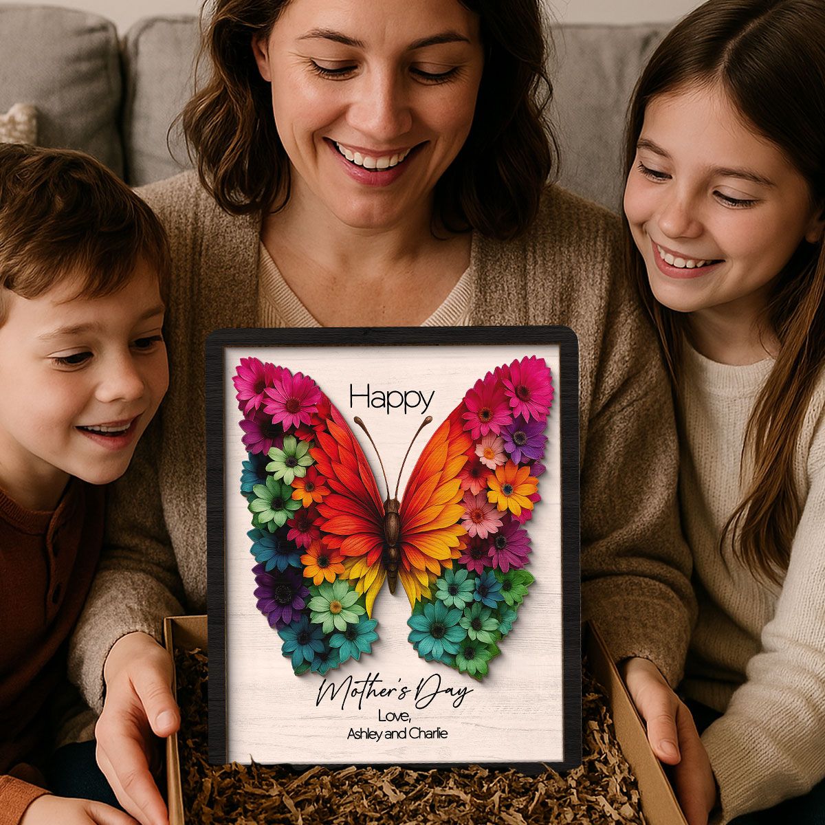 Mother's Day Butterfly Flowery Wings 2D Flat, Personalized 2-Layered Wooden Plaque, Mother's Day Gift for Mom, 3D Effect