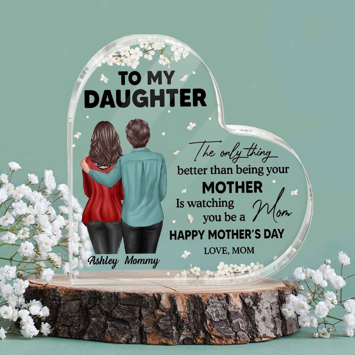 To My Daughter From Mom Happy Mother's Day Floral Personalized Heart Acrylic Block Plaque, Mother's Day Gift For Daughter