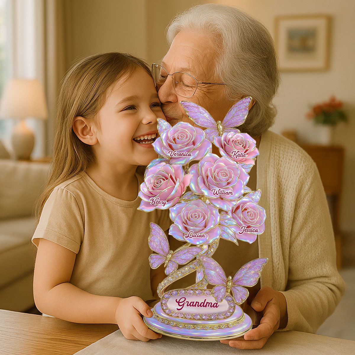 Beautiful Roses With Kids Names Pearl & Stone Effect Personalized Flat Acrylic Block Plaque