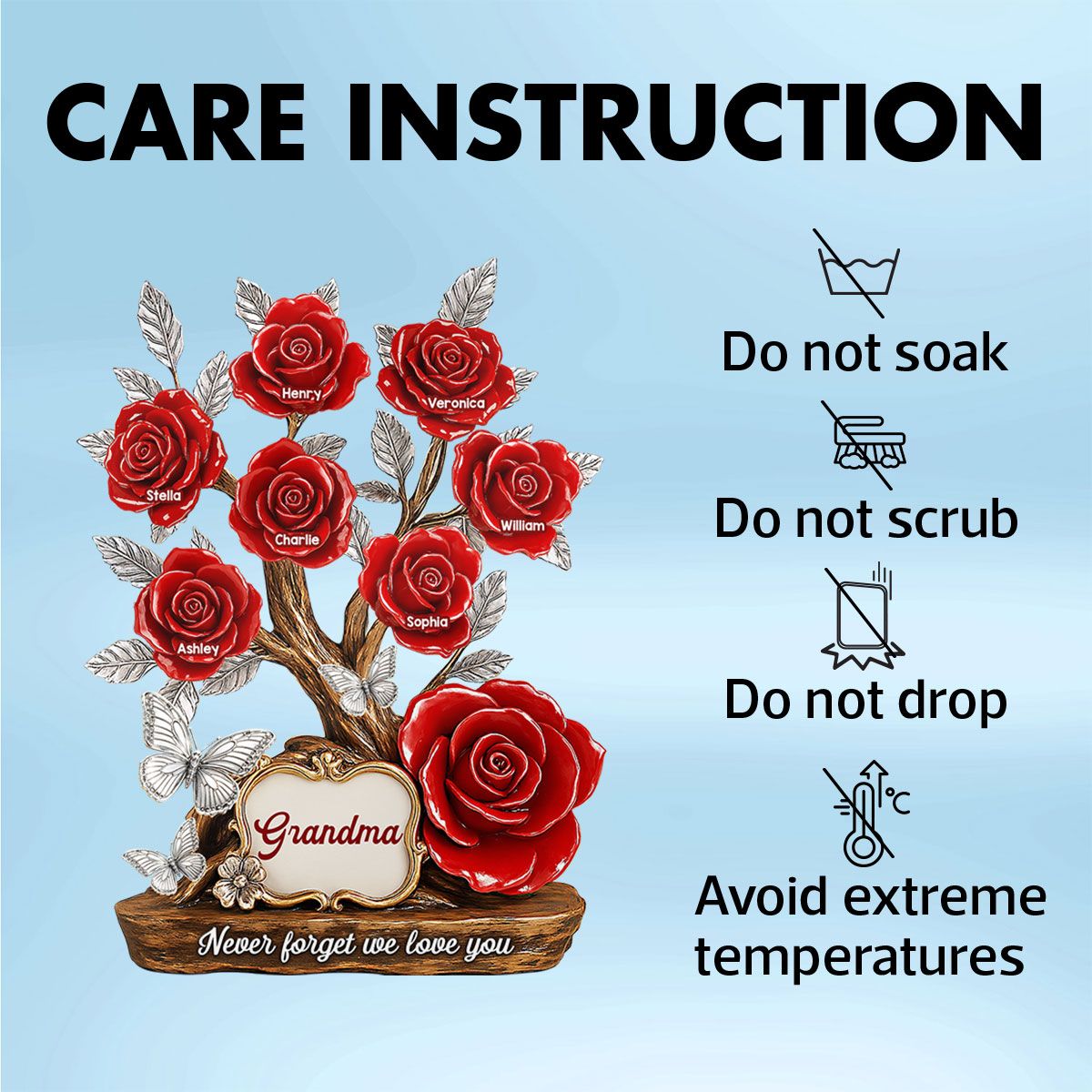 Mom Grandma & Kids Names On Roses Personalized Acrylic Block Plaque