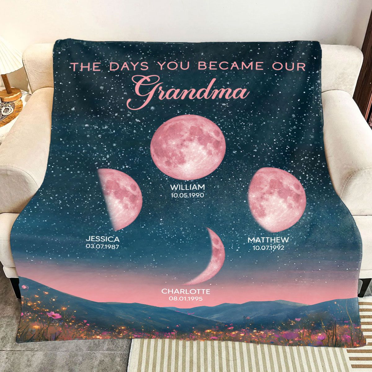 Pink Moon Phase Custom Birth Moon Beautiful Hill At Night Personalized Fleece Blanket, Mother's Day Gift