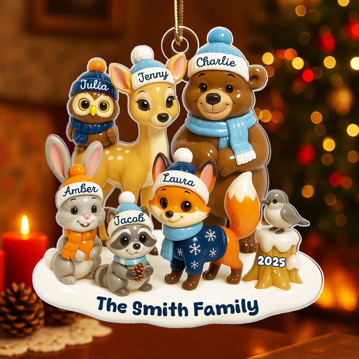 3D Effect Woodland Family Personalized Acrylic Ornament, Christmas Decor