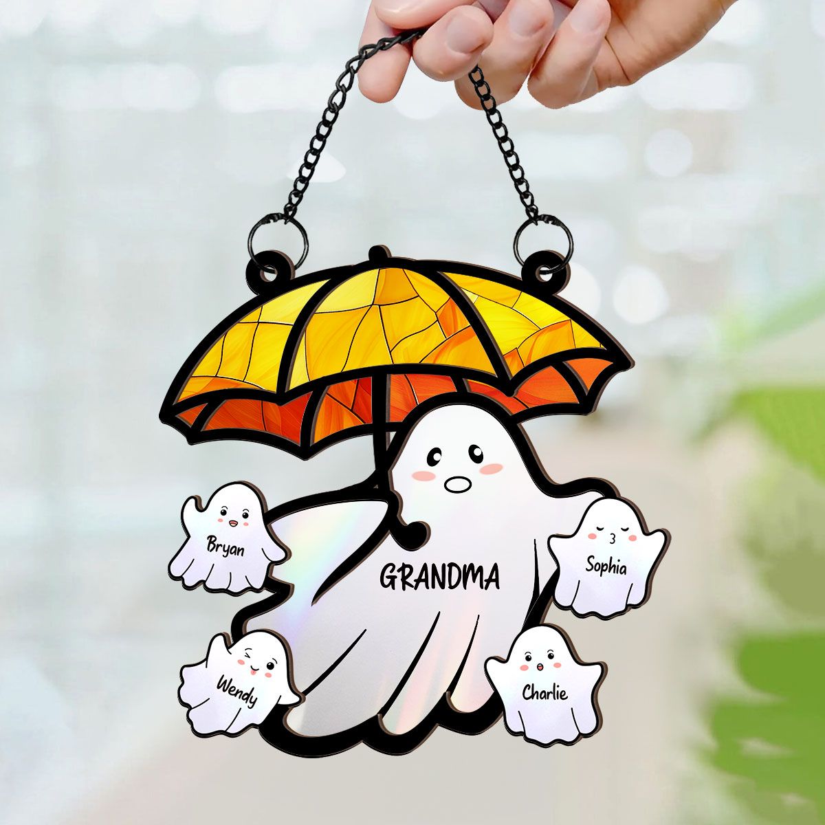 Grandma Funny Ghost with Umbrella Personalized Suncatcher, Halloween Stained Glass Decor