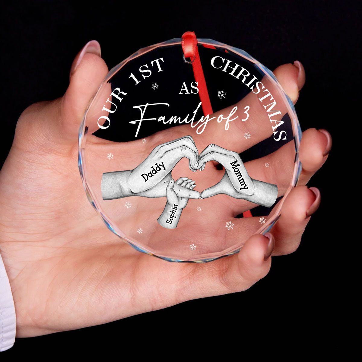 First Christmas As Family Of Three Family Heart Hands Personalized Glass Ornament