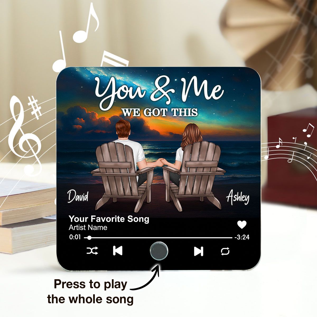 Night Beach Landscape Couple Sitting Back View Personalized Music Magnet