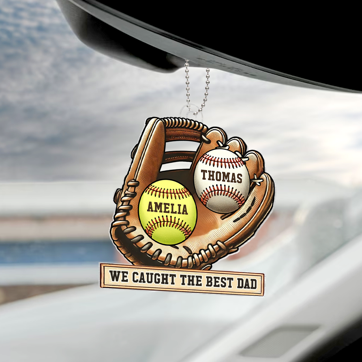 Personalized Acrylic Car Hanger, Father's Day Gift We Caught The Best Dad Baseball, Softball, Custom Kid's Name