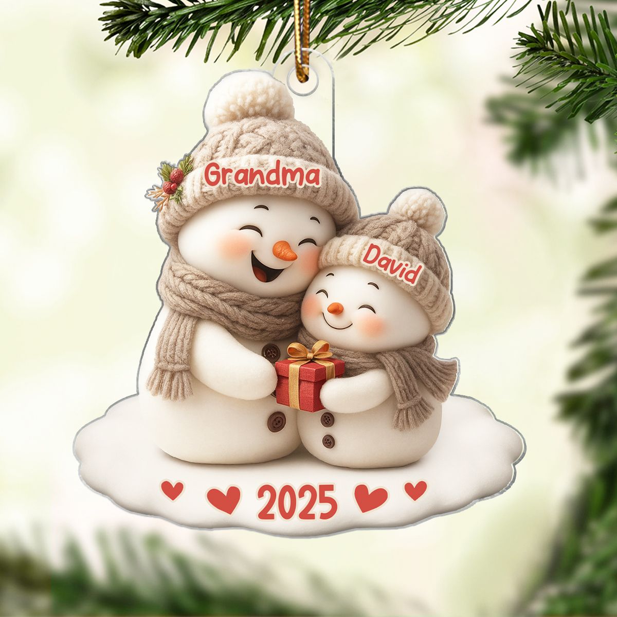 Snowman Grandma Hugging Grandkid Personalized Acrylic Ornament