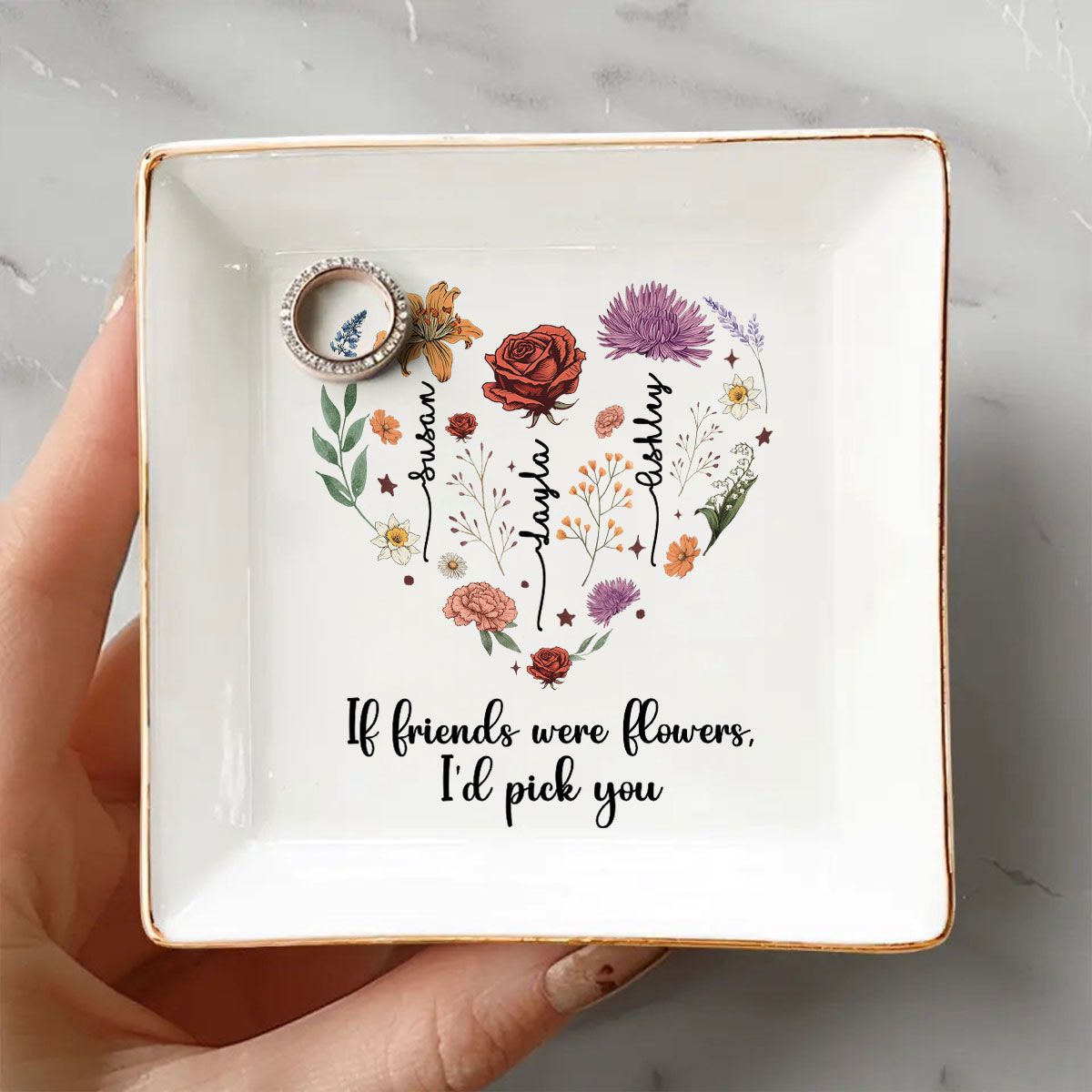 Birth Month Flowers Sisters Besties Friends Heart Personalized Jewelry Dish