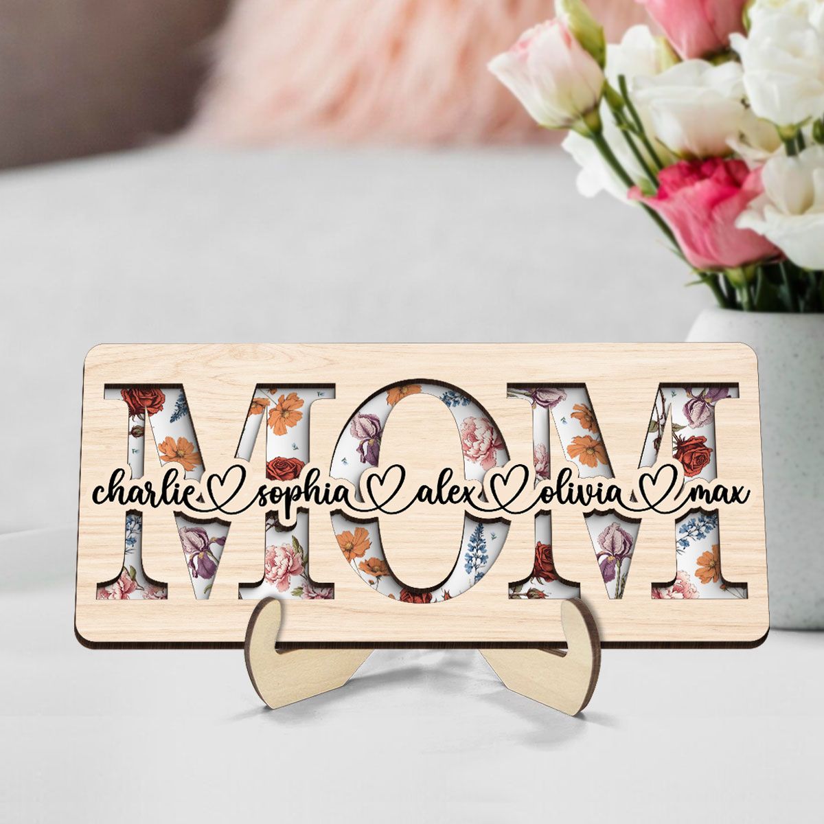 Custom Flower Printed Personalized 2-Layered Wooden Plaque, Mother's Day, Birthday, Just Because Gift for Mom, Grandma