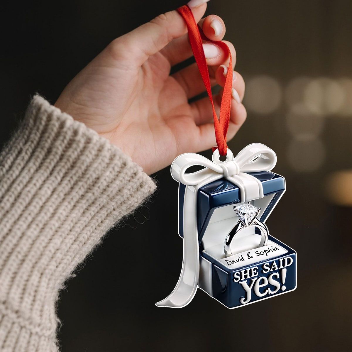 Personalized Blue Engagement Ring Box Personalized 2D Flat Acrylic Ornament, Anniversary Gift for Couple