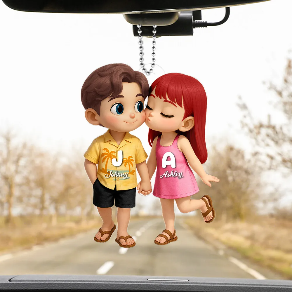Cute Cartoon Couple Summer Vibe Personalized Acrylic Car Hanger, Gift for him, Gift for her