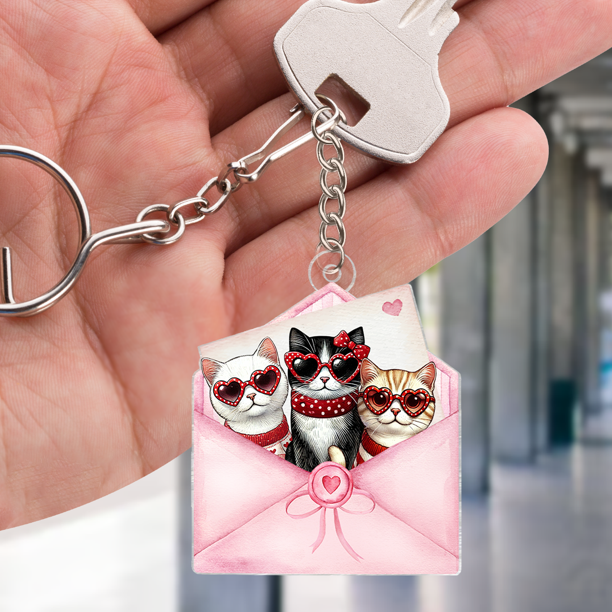 Cute Valentine Cat In Letter Envelope Personalized Acrylic Keychain, Gift for Cat Mom, Cat Dad