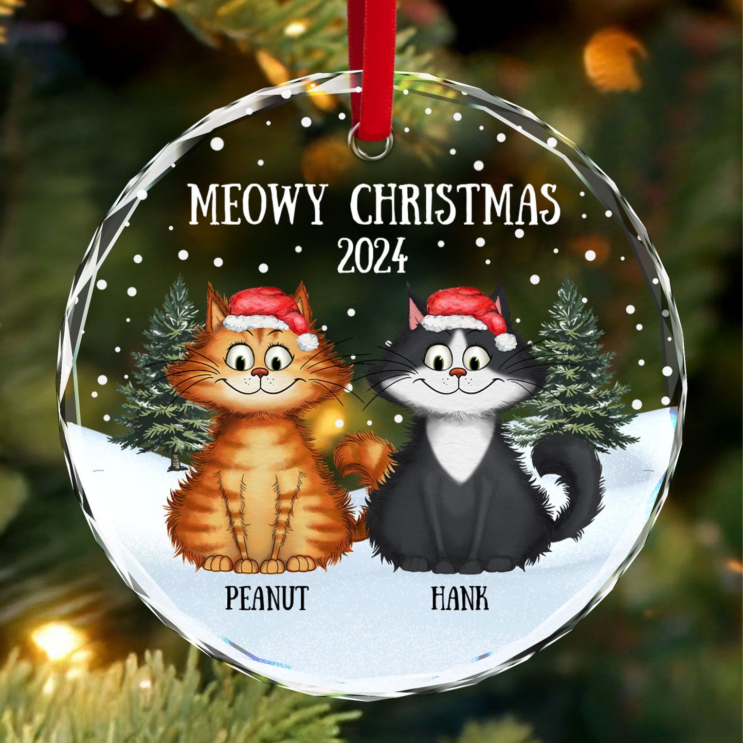 Meowy Christmas Winter Realistic Theme Quirky Cats Personalized Glass Ornament
