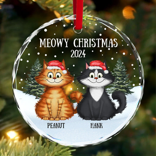 Meowy Christmas Winter Realistic Theme Quirky Cats Personalized Glass Ornament