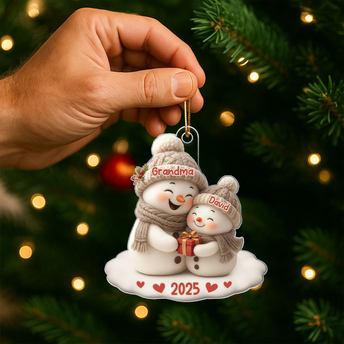 Snowman Grandma Hugging Grandkid Personalized Acrylic Ornament