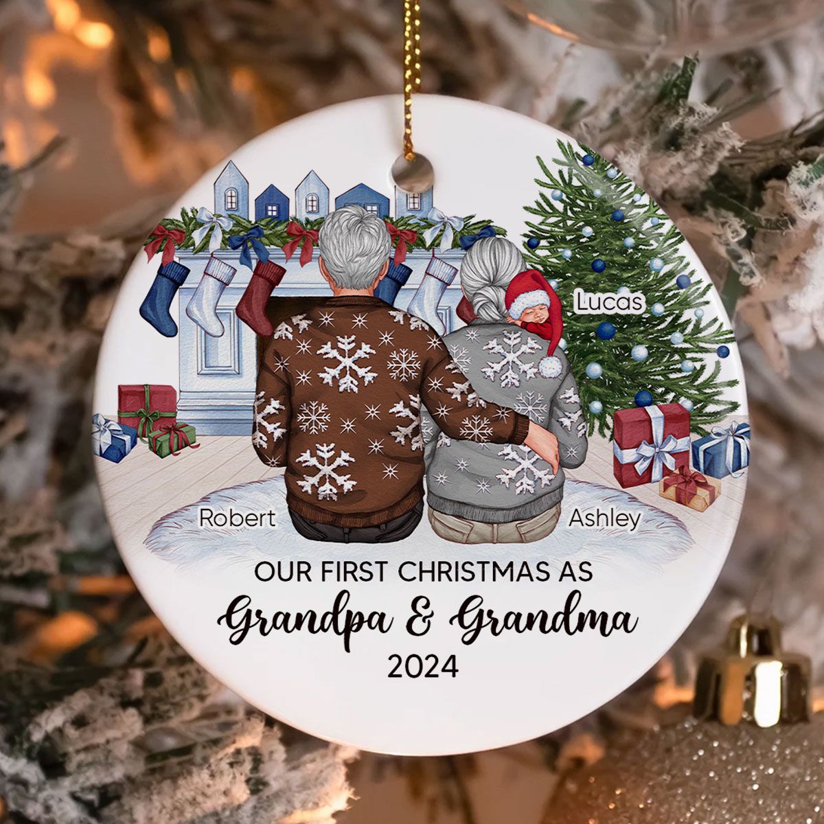 Our First Christmas As Grandma & Grandpa Personalized Circle Ceramic Ornament