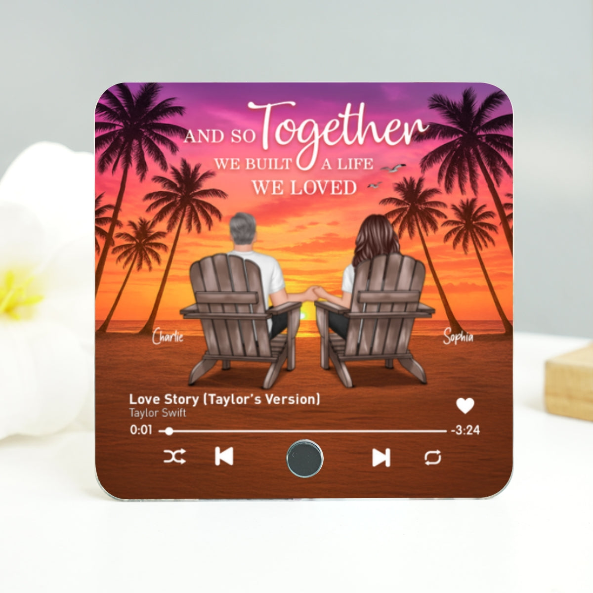 Couple Beach Sunset Under Tree Palm Personalized Music Fridge Magnet, Anniversary gift for him, for her