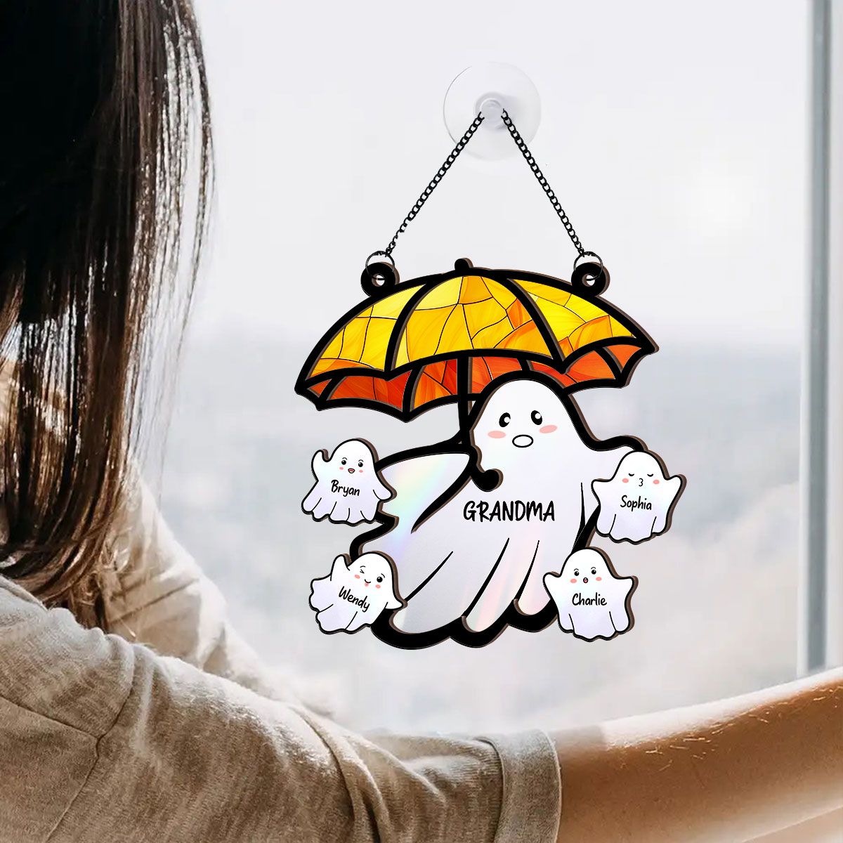 Grandma Funny Ghost with Umbrella Personalized Suncatcher, Halloween Stained Glass Decor