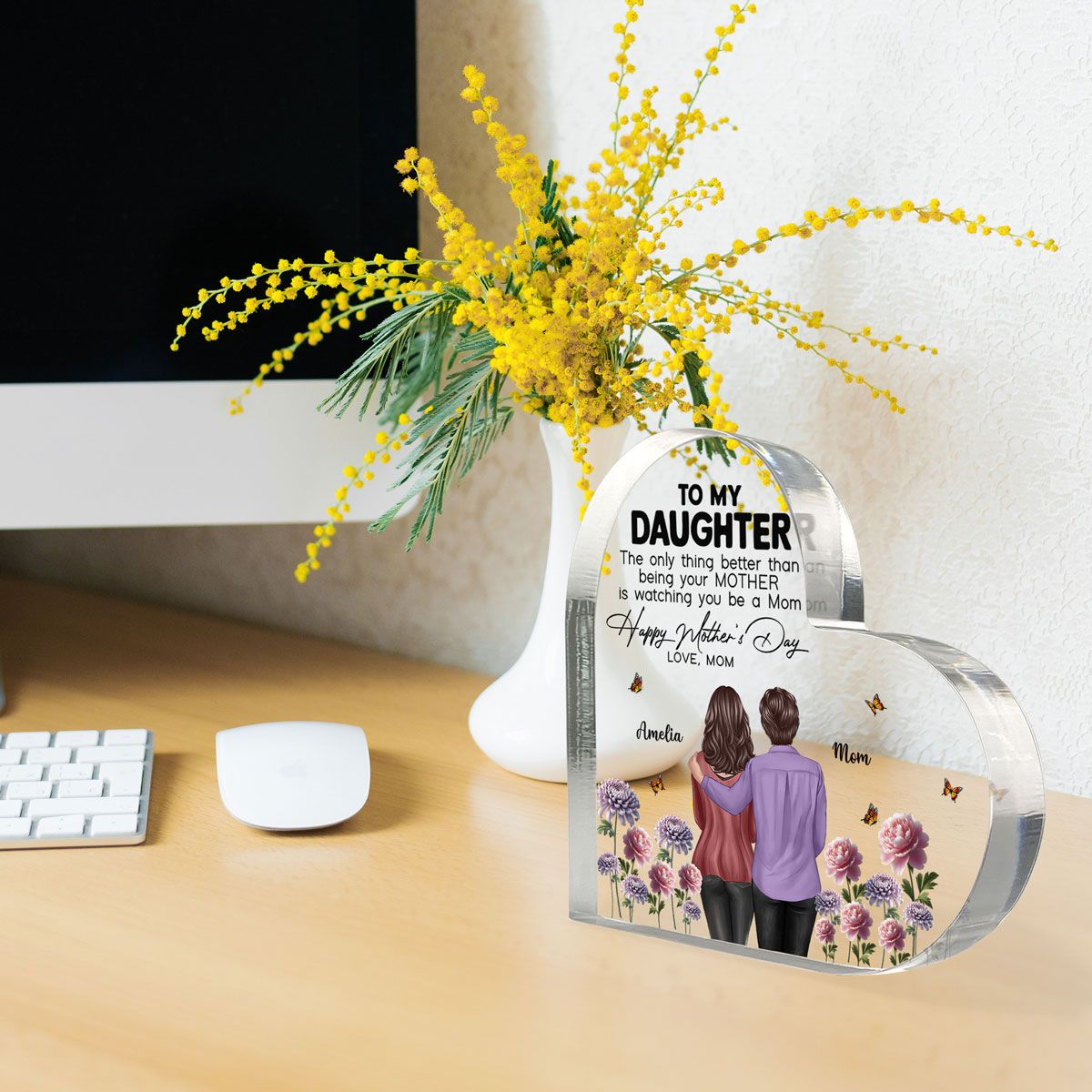 To My Daughter From Mom Happy Mother's Day Birth Flower Personalized Heart Acrylic Block Plaque