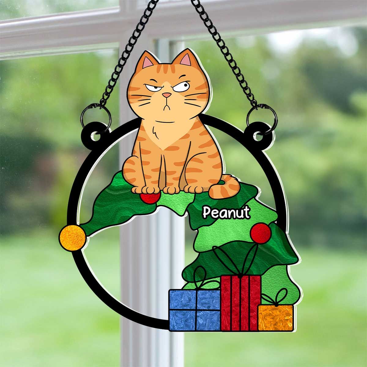 Funny Naughty Cat On Falling Christmas Tree Personalized Suncatcher, Christmas Decoration