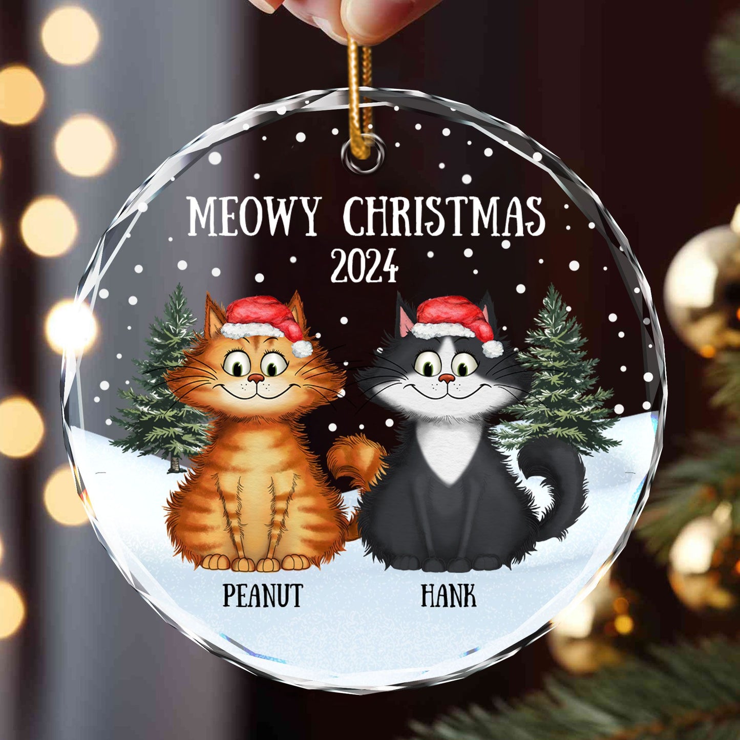 Meowy Christmas Winter Realistic Theme Quirky Cats Personalized Glass Ornament