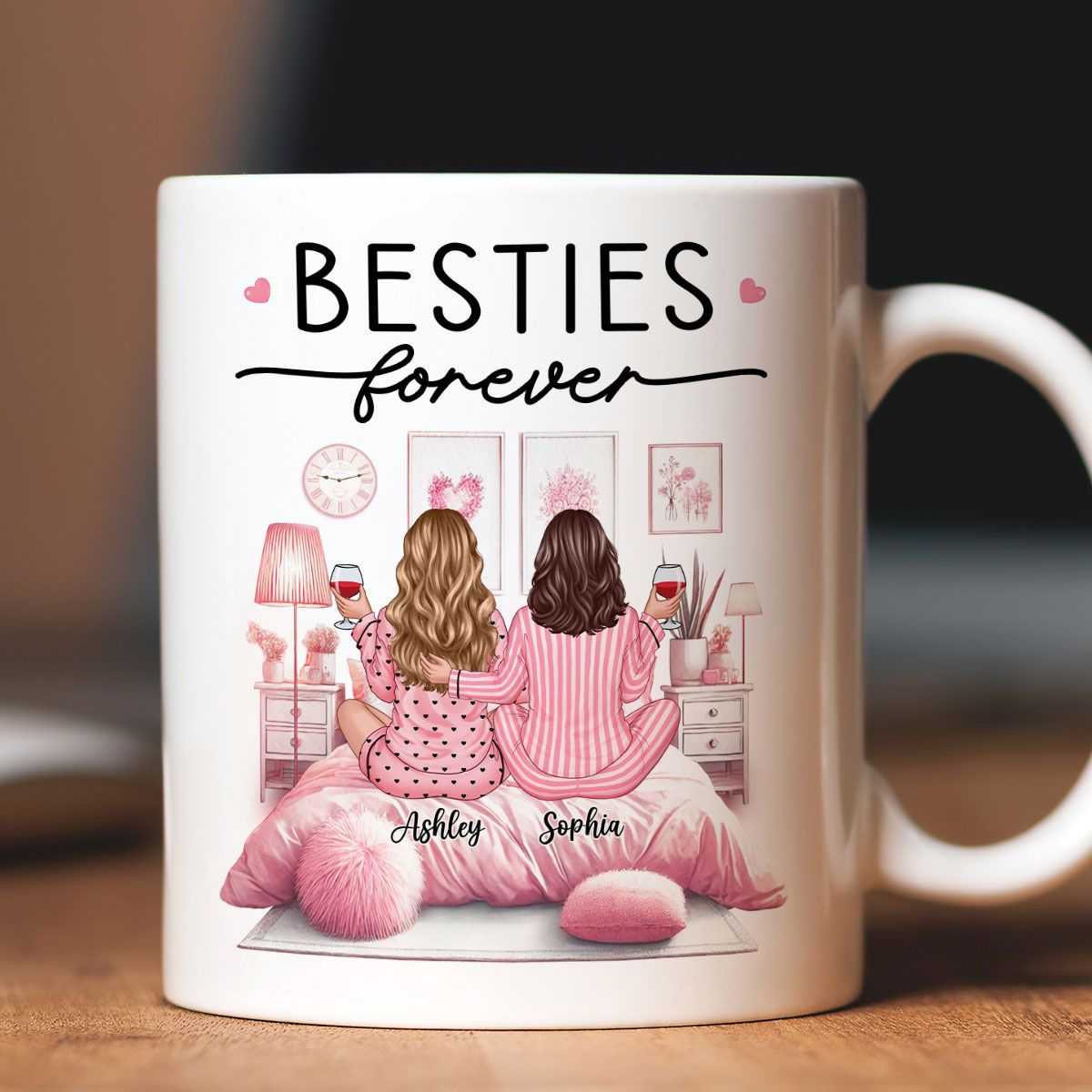 Pink Pajamas Besties In Cozy Room Personalized Mug, Heartfelt Gift For Best Friends, BFF