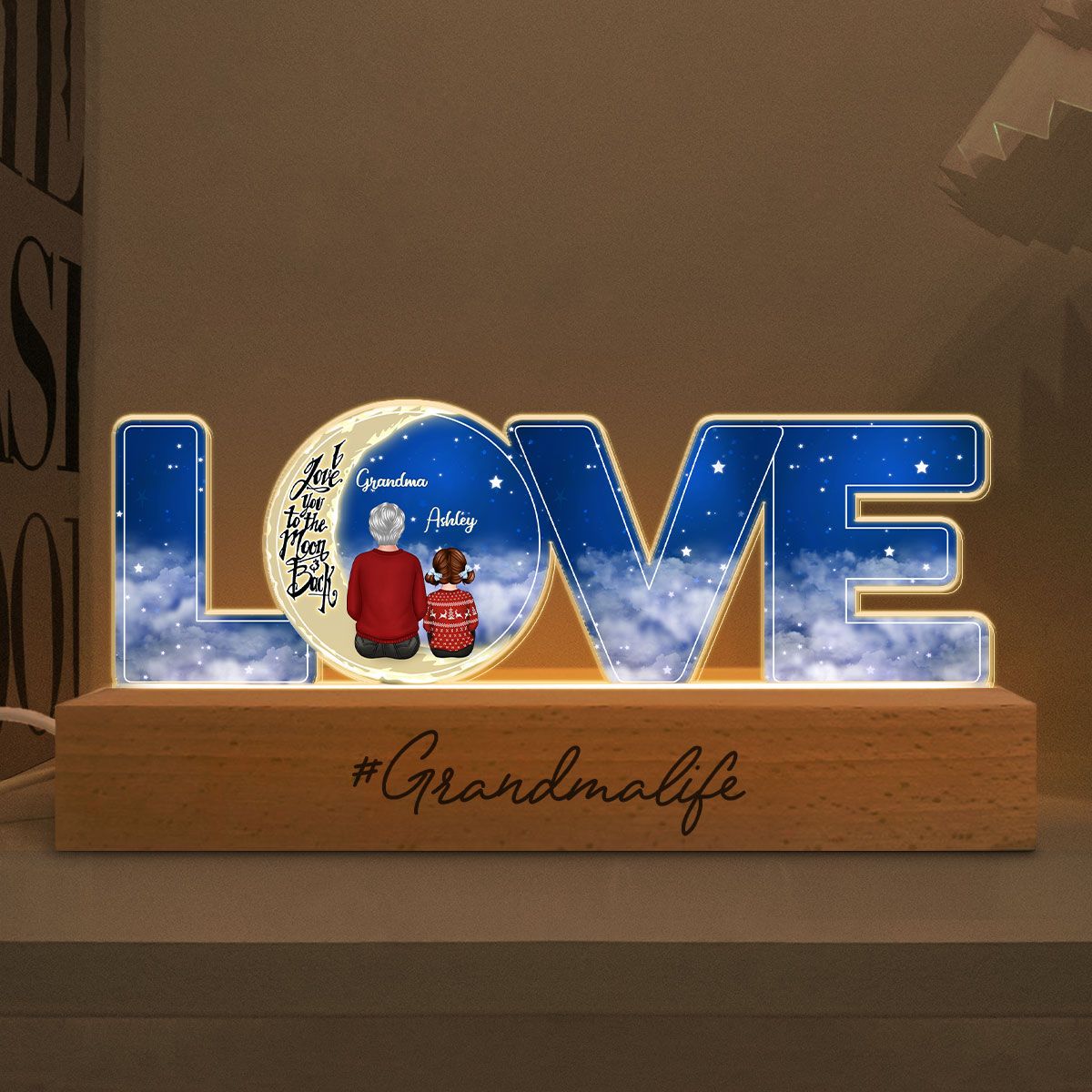 Love Grandma Life Grandma Grandkids On Moon Personalized Acrylic LED Night Light, Gift For Granddaughter, Grandson