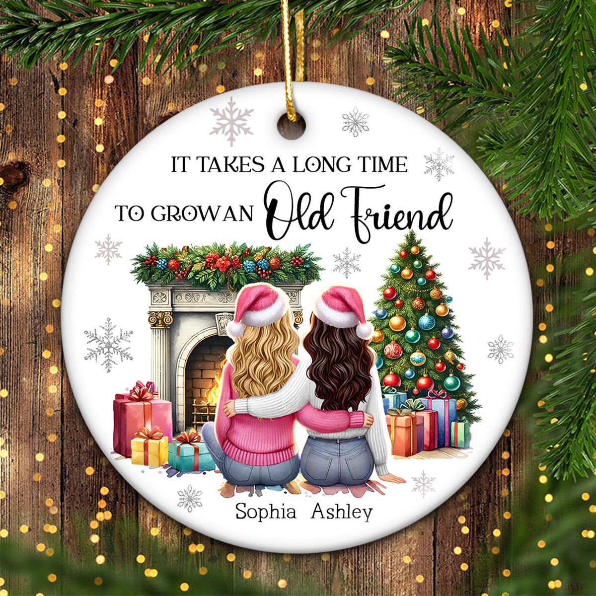 Personalized Best Friends Christmas Ornament – Cozy Holiday Scene by the Fireplace