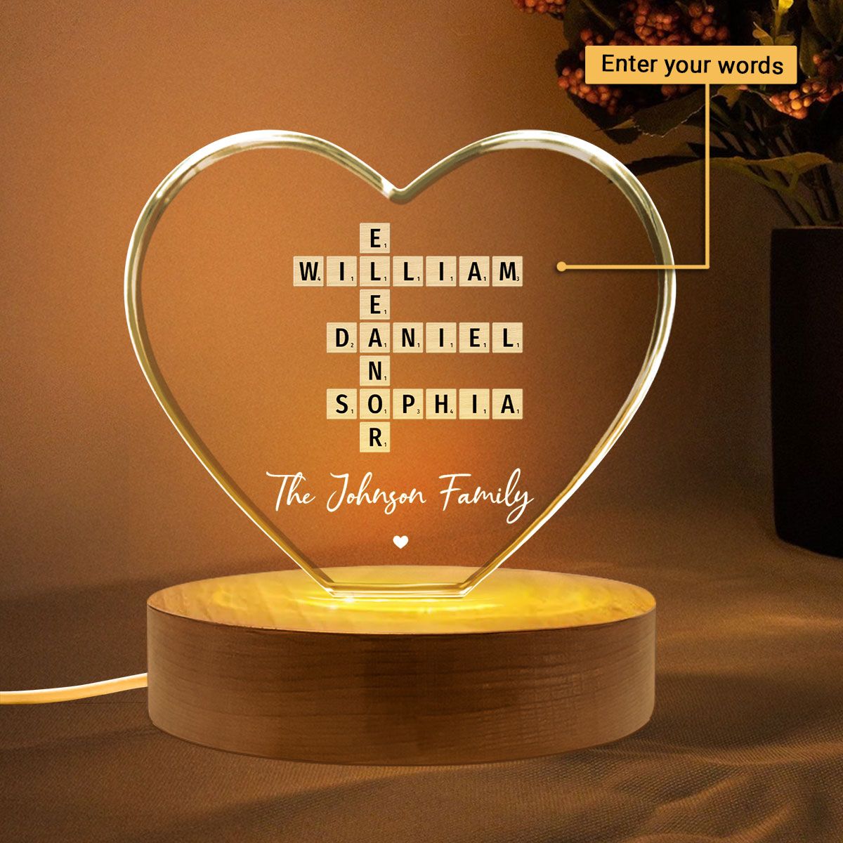 Family Names Crossword Art - Created In A Moment, Treasured Forever Personalized Heart Crystal LED
