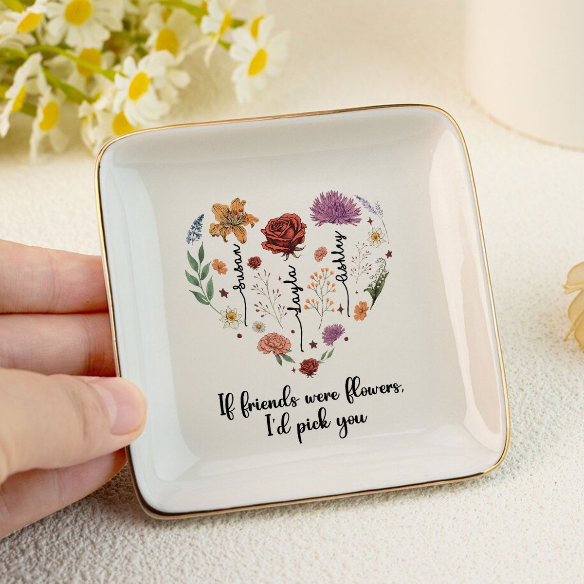 Birth Month Flowers Sisters Besties Friends Heart Personalized Jewelry Dish