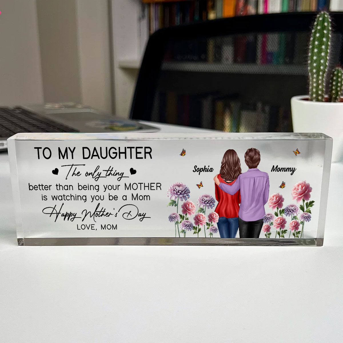 To My Daughter From Mom Happy Mother's Day Birth Flower Personalized Desk Block, Mother's Day Gift For Daughter