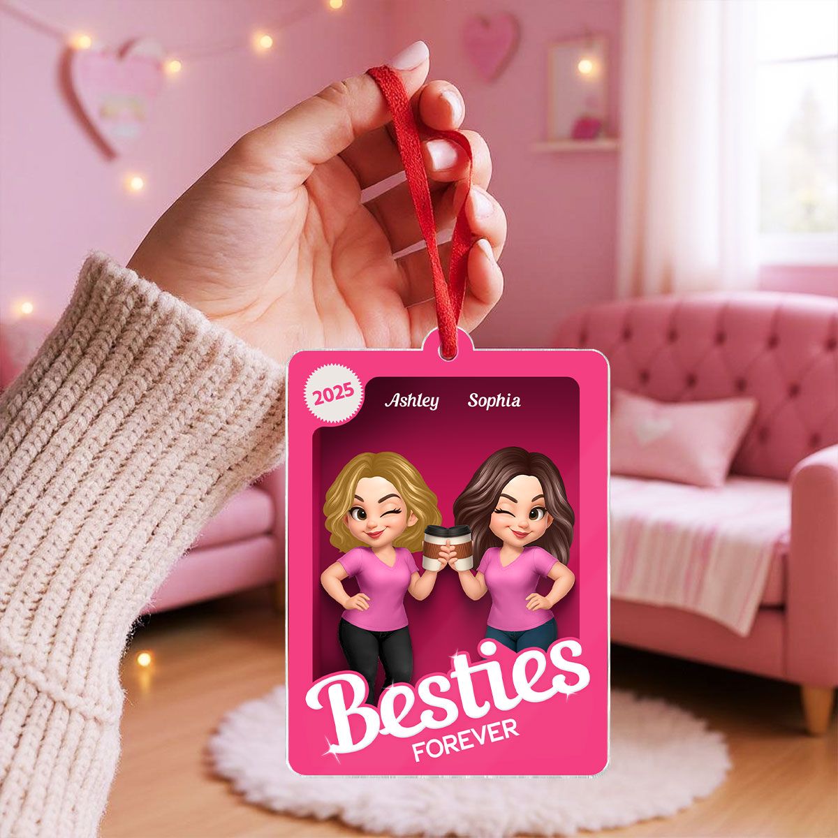 Besties Sisters 3D Effect Pink Toy Box Personalized Acrylic Ornament, Gift for Besties, Best Friends