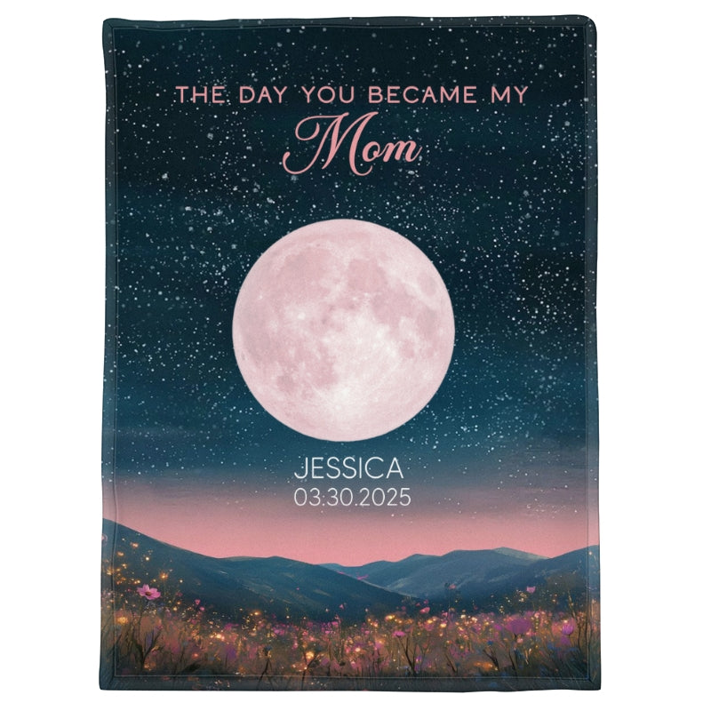 Pink Moon Phase Custom Birth Moon Beautiful Hill At Night Personalized Fleece Blanket, Mother's Day Gift