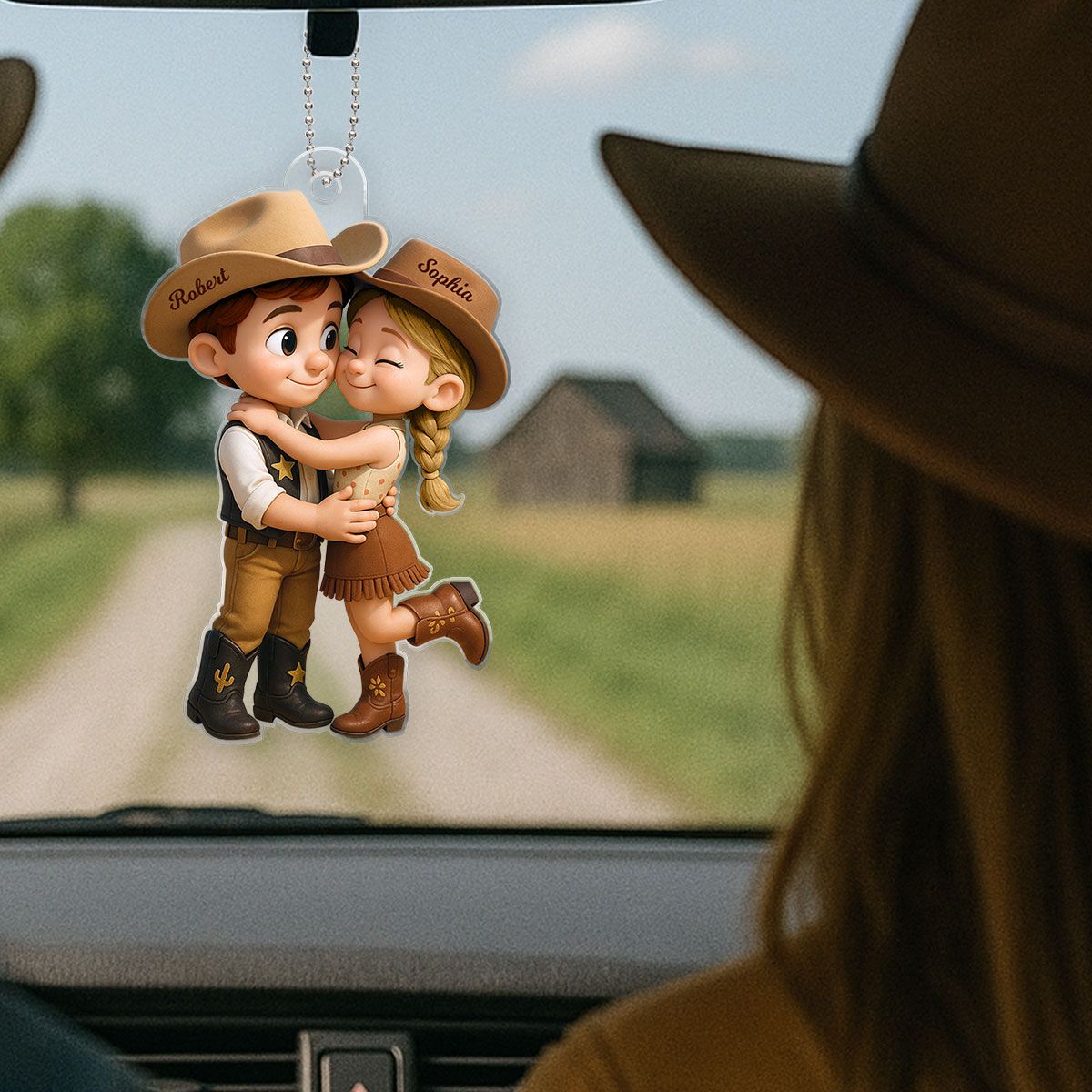 Cartoon Style Countryside Couple Cowboy Cowgirl Car Accessories Personalized Car Hanger Ornament