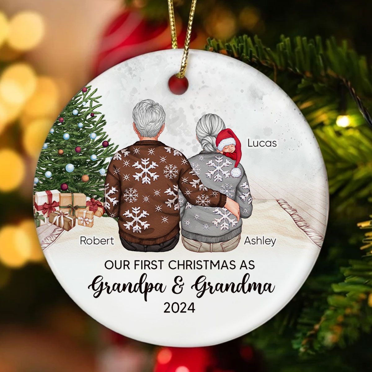 Our First Christmas As Grandma & Grandpa Personalized Circle Ceramic Ornament
