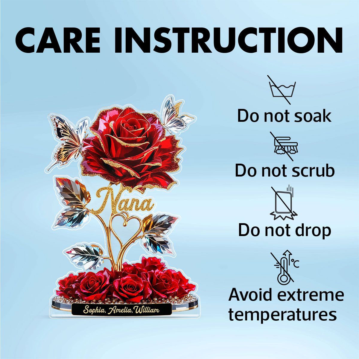 Beautiful Rose For Grandma Mom With Kids Names 3D Effect Personalized Flat Acrylic Block Plaque