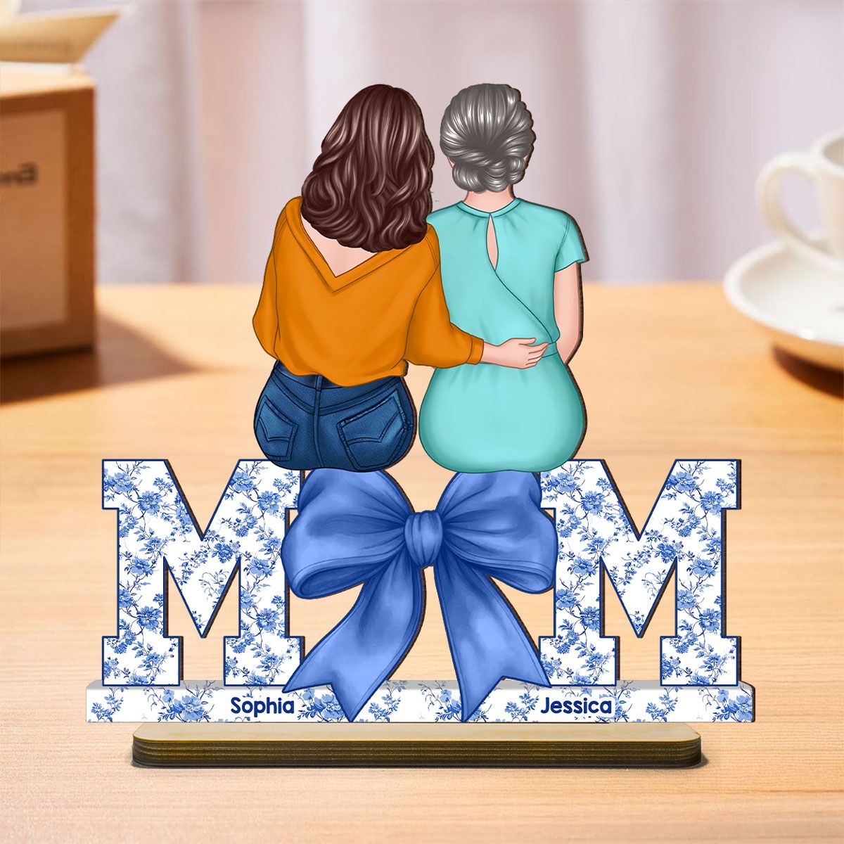 Mother Daughters Blue Floral Chinoiserie Personalized Standing Wooden Plaquer, Mother's Day Gift