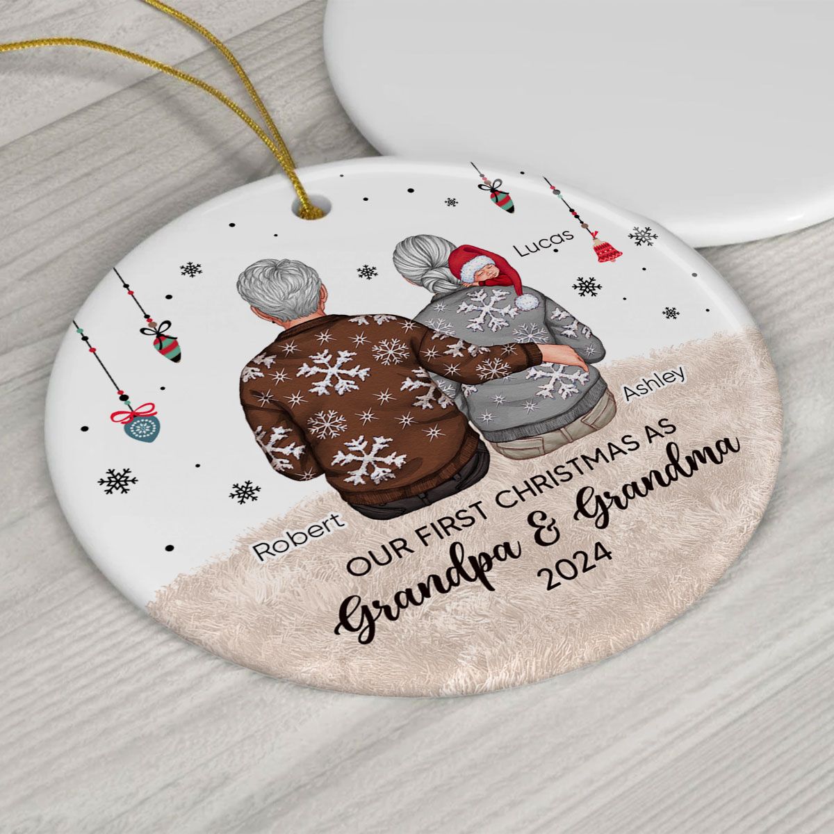 Our First Christmas As Grandma & Grandpa Personalized Circle Ceramic Ornament