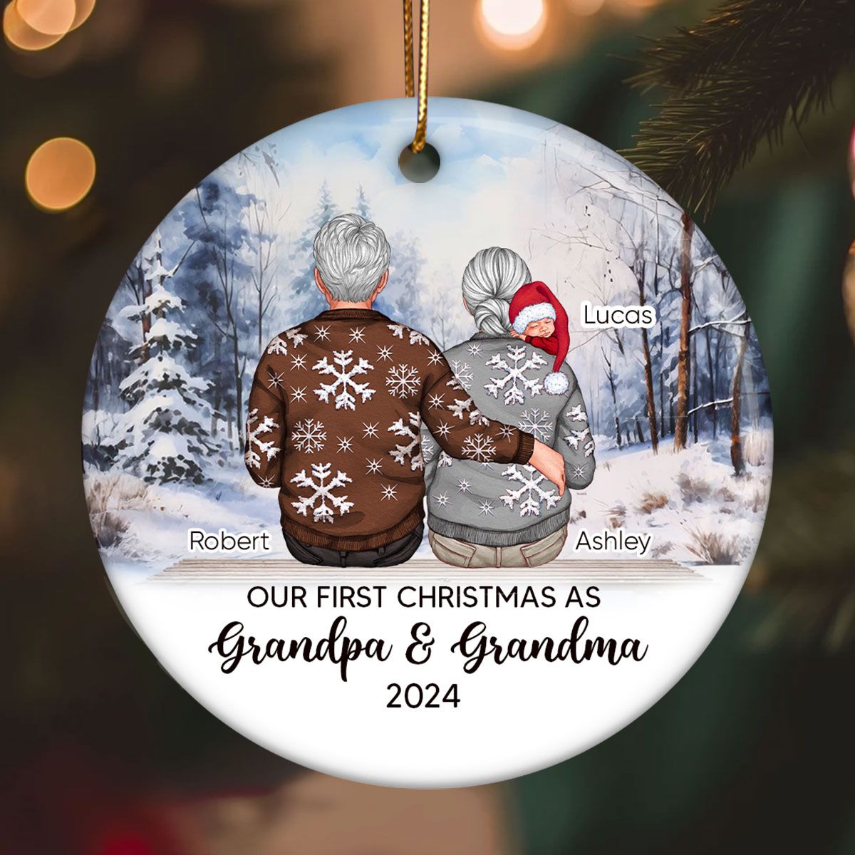 Our First Christmas As Grandma & Grandpa Personalized Circle Ceramic Ornament