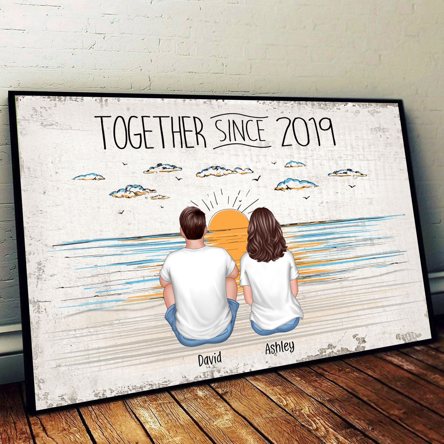 Couple Back View Beach Outline Background Personalized Poster
